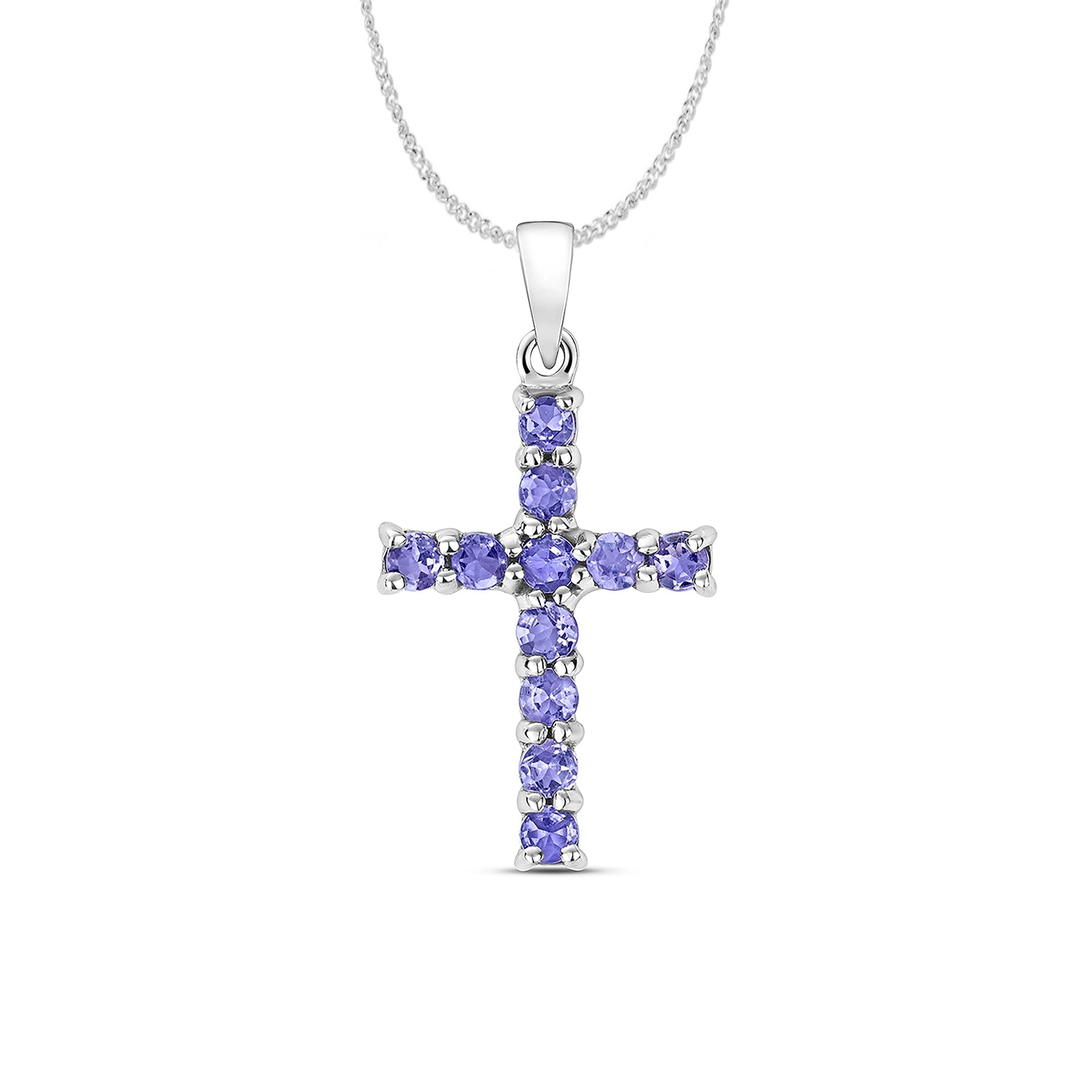 silver tanzanite cross necklace with chain on white background