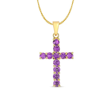 amethyst cross gold necklace with chain on white background