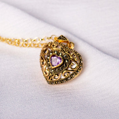 Amethyst Vintage Heart Locket Gold + Photos