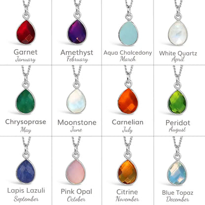 birthstone collection options, January garnet, February amethyst, march aqua chalcedony, April white quartz, may chrysoprase, June moonstone, July carnelian, August peridot, September lapis lazuli, October pink opal, November citrine and December blue topaz