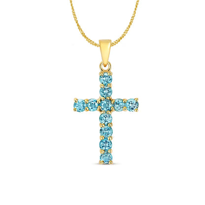 blue topaz cross gold necklace with chain on white background