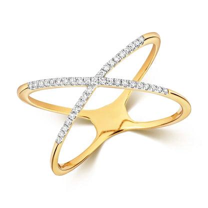 multi diamond cross solid gold ring on white background