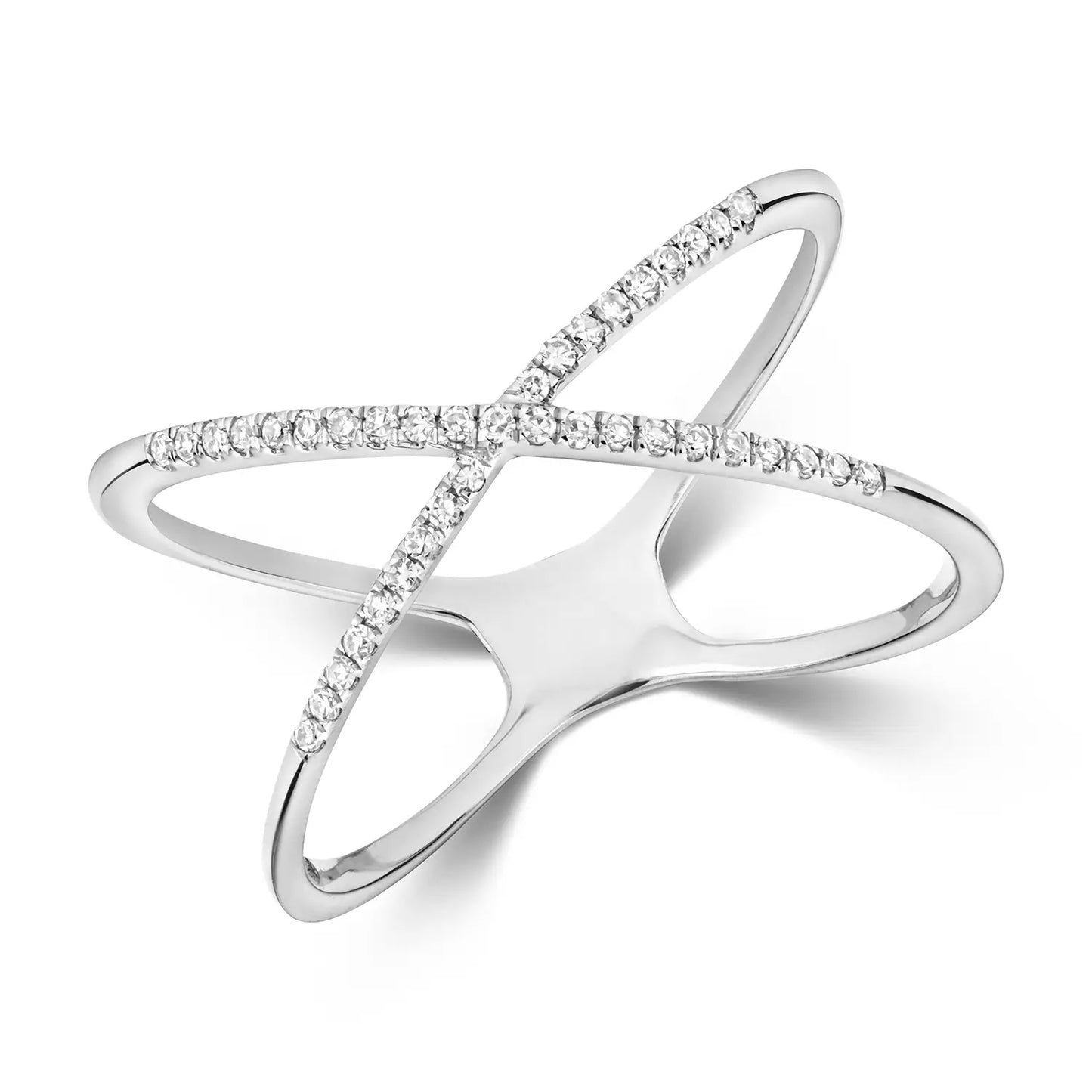 multi diamond cross solid white gold ring on white background