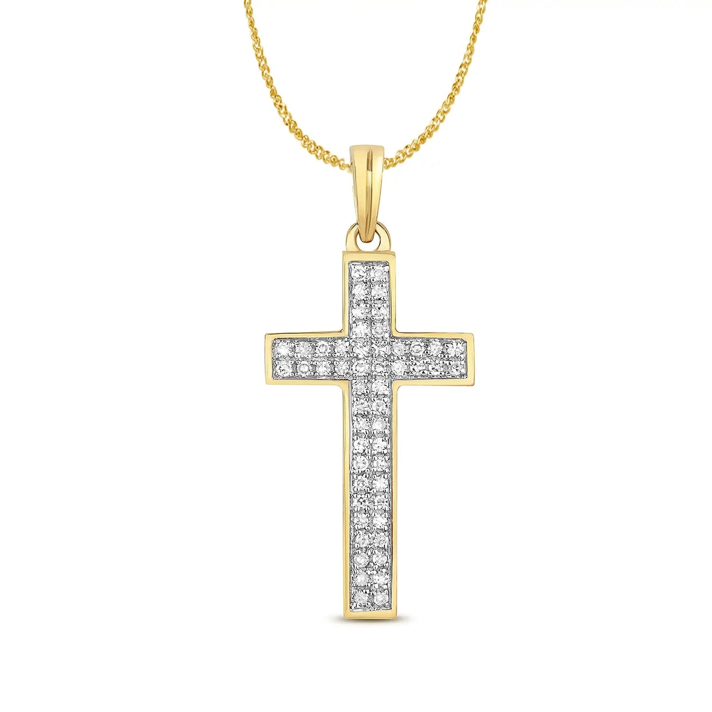 diamond cross gold necklace with chain on white background