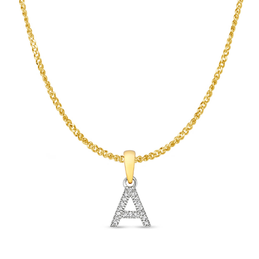 real diamond initial necklace A on solid gold chain