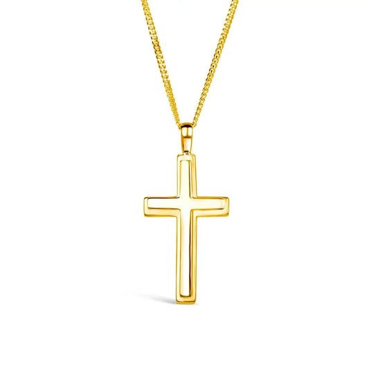 large gold cross necklace, sturdy gold curb chain, high polish finish, bevelled edges, religious Christian pendant for men and women, white background