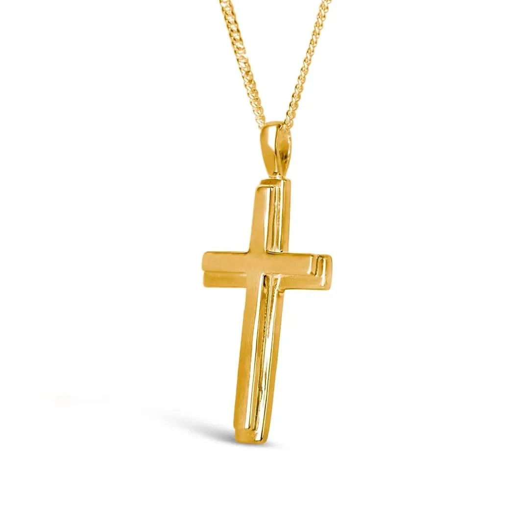 large gold cross necklace, sturdy gold curb chain, high polish finish, bevelled edges, religious Christian pendant for men and women, white background