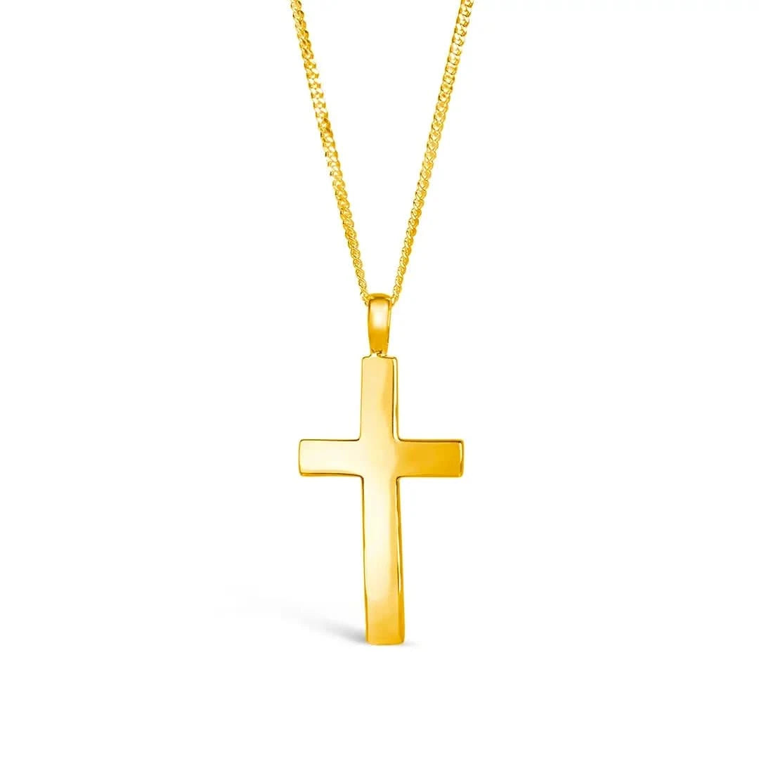 back view of large gold cross necklace, sturdy gold curb chain, high polish finish, religious Christian pendant for men and women, white background