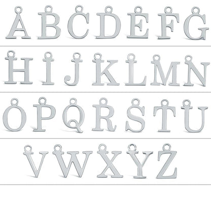 grid of silver initial charms on a white background