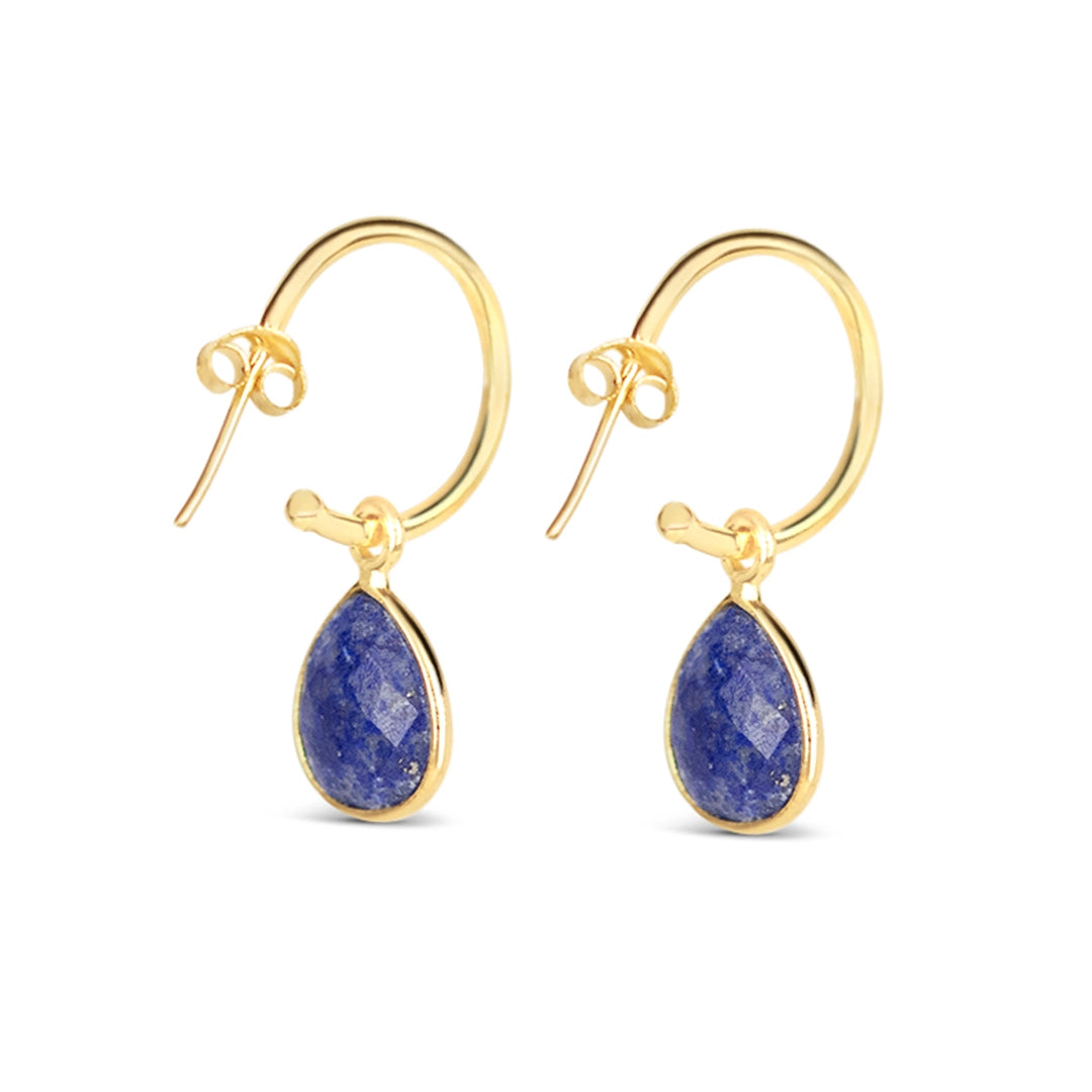 lapis lazuli gold drop hoop earrings on white background