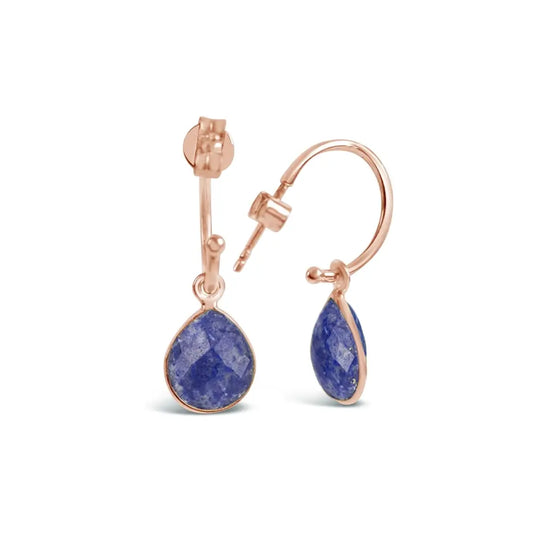 lapis lazuli rose gold drop hoop earrings on white background