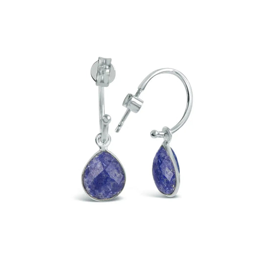 Lapis Lazuli Drop Hoop Earrings Silver September Birthstone