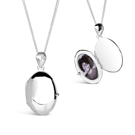 Silver oval Necklace for ashes, memorial necklace, locket with one photo and ashes storage, silver curb chain, engraving, white background