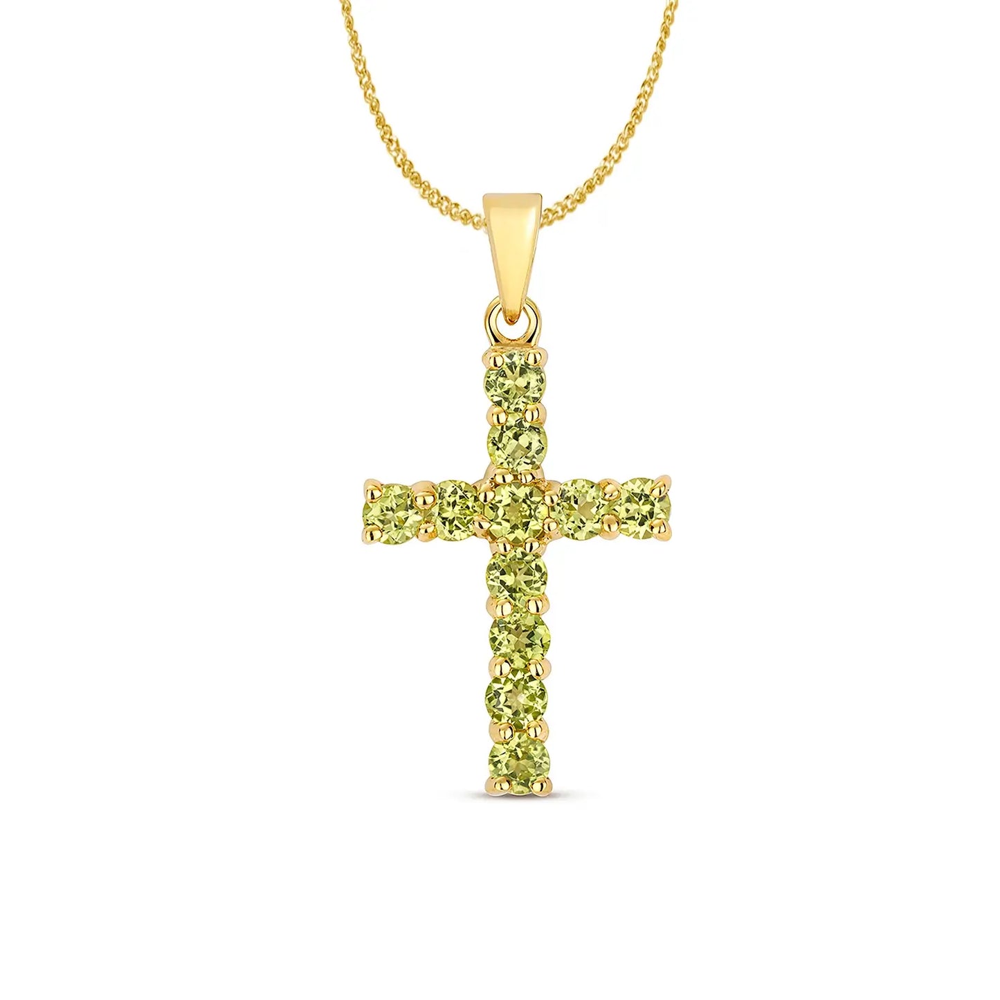 peridot cross gold necklace with chain on white background