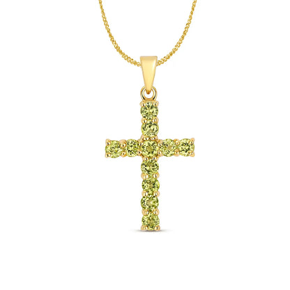 peridot cross gold necklace with chain on white background