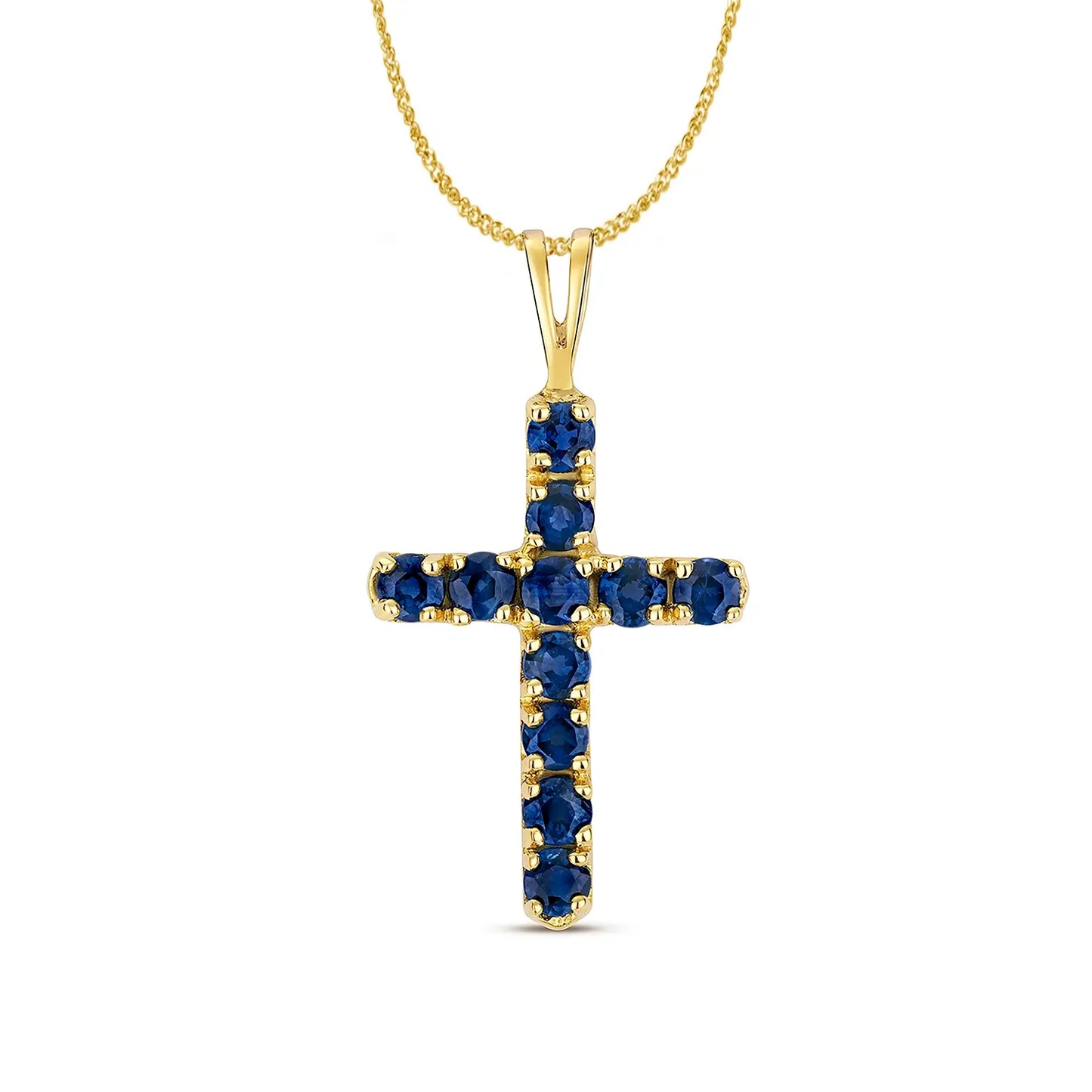 sapphire cross gold necklace with chain on white background