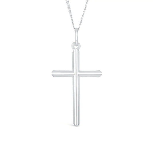 silver cross necklace, sturdy silver curb chain, high polish finish, rounded edges, religious Christian pendant for men and women