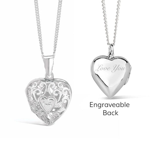 Filigree Heart Locket Necklace Silver + Photos & Engraving